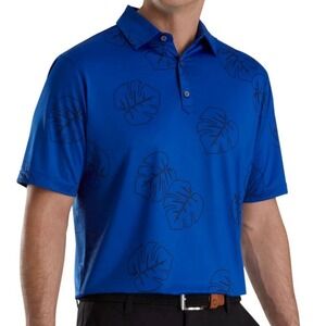 FootJoy Polo Shirt Mens M Blue Jungle Leaf Print Lisle Self Collar Golf Ocean
